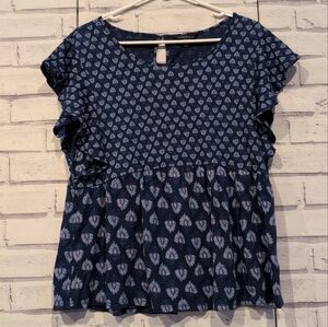 Lucky Brand Women's Size M Blouse Blue Geometric Leaf Pattern Ruffle Sleeve